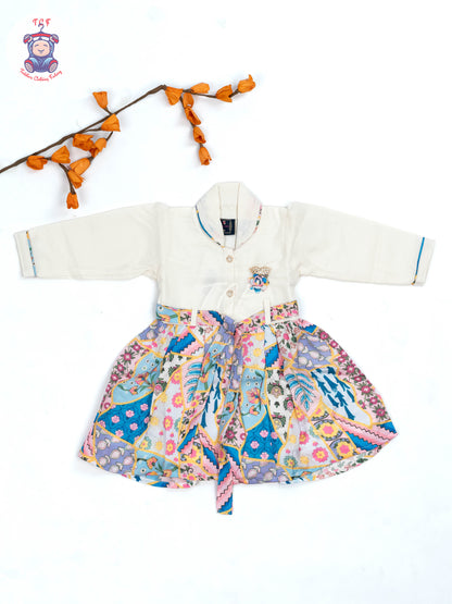 White & Blue Green Floral Printed - Girls Readymade Cotton Frocks
