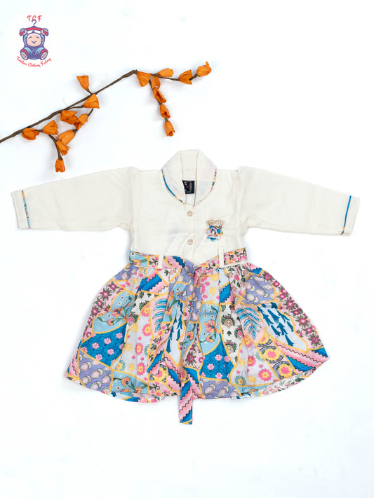 White & Blue Green Floral Printed - Girls Readymade Cotton Frocks