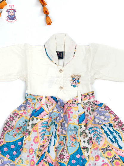 White & Blue Green Floral Printed - Girls Readymade Cotton Frocks