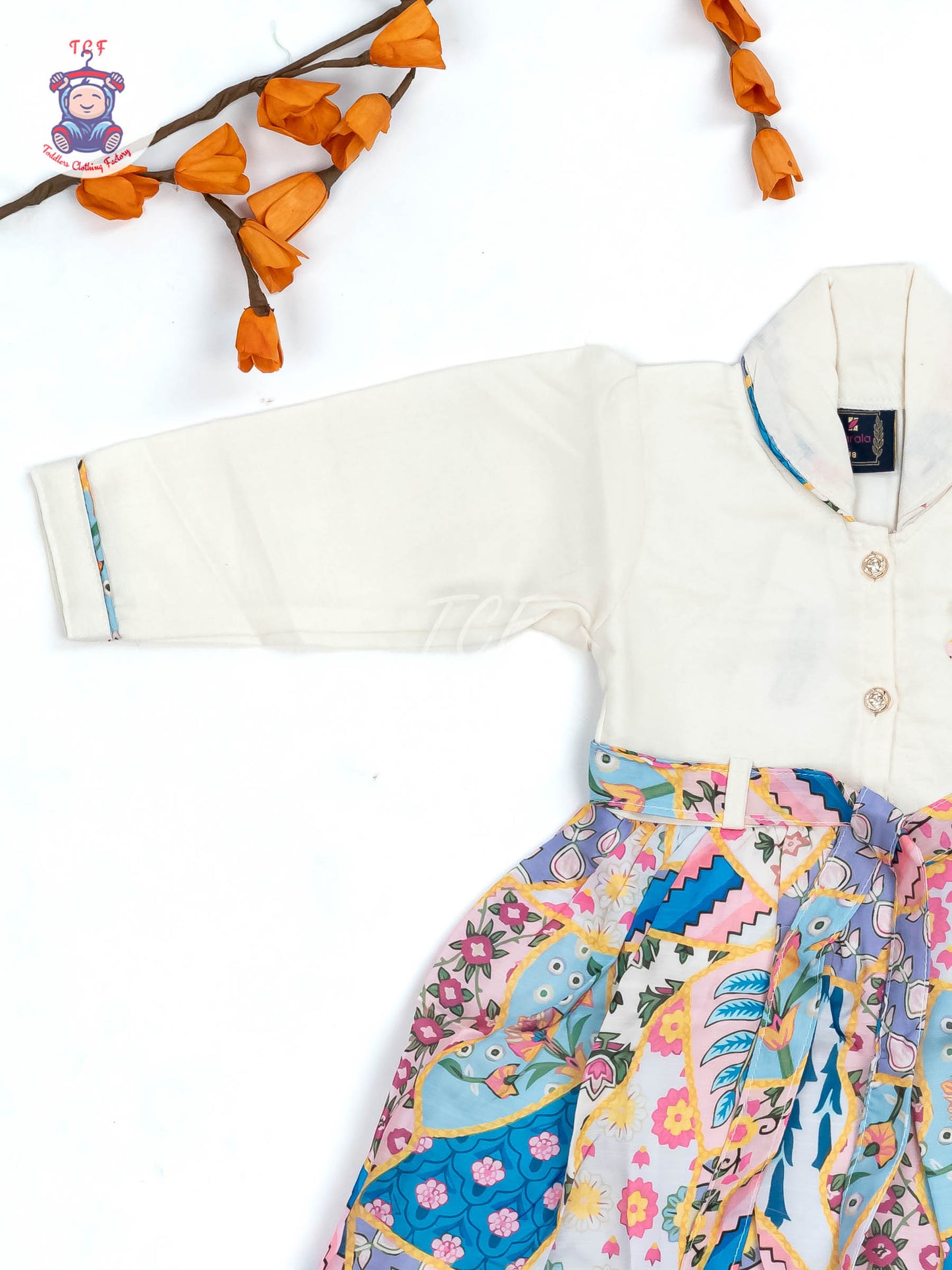 White & Blue Green Floral Printed - Girls Readymade Cotton Frocks