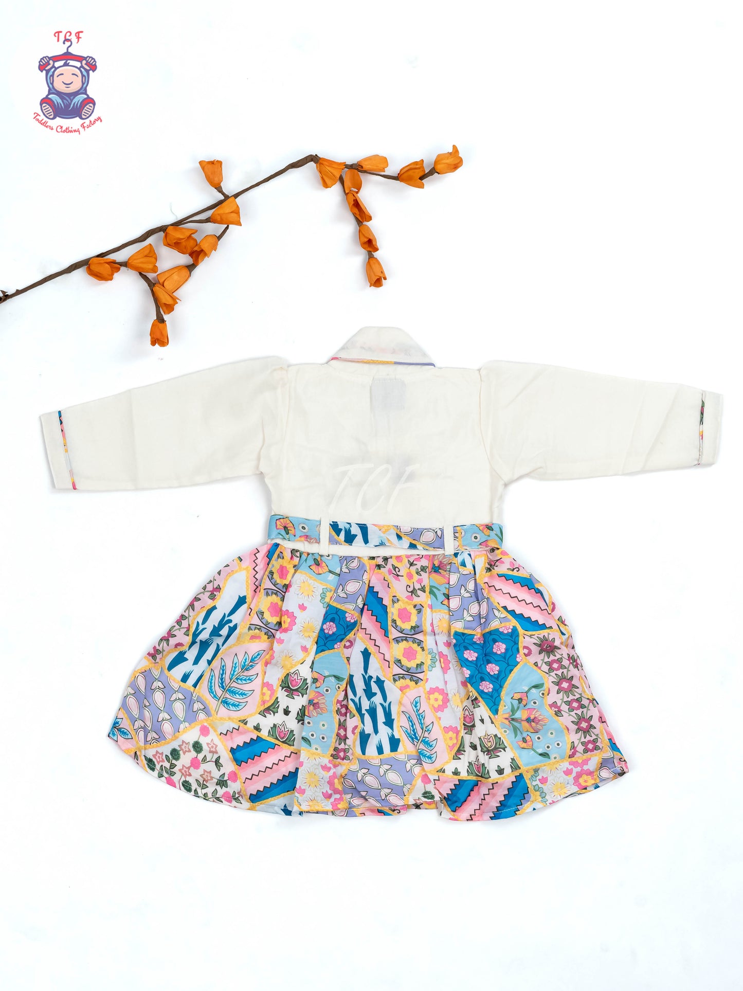 White & Blue Green Floral Printed - Girls Readymade Cotton Frocks