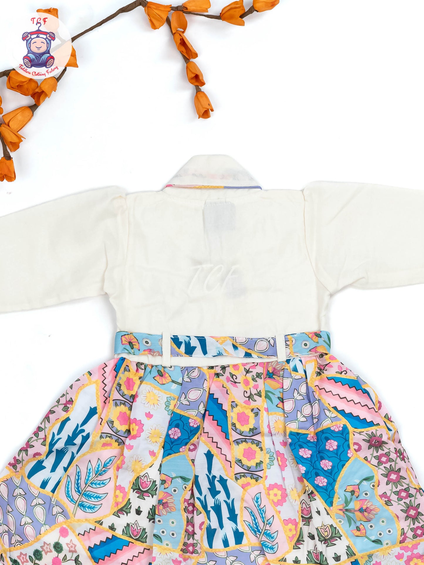 White & Blue Green Floral Printed - Girls Readymade Cotton Frocks