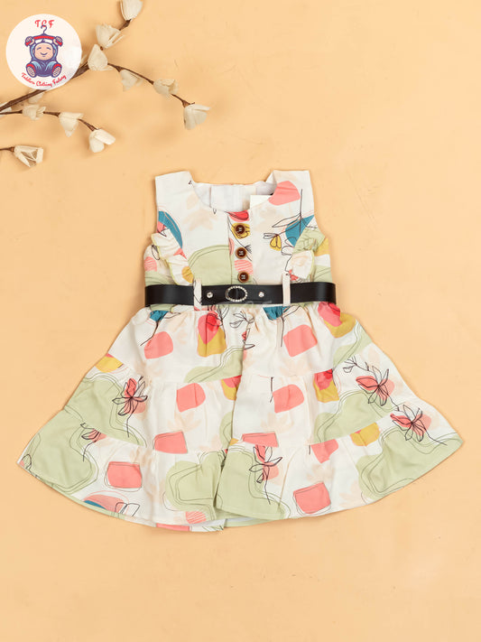 White & Green Floral Printed - Girls Readymade Cotton Frocks