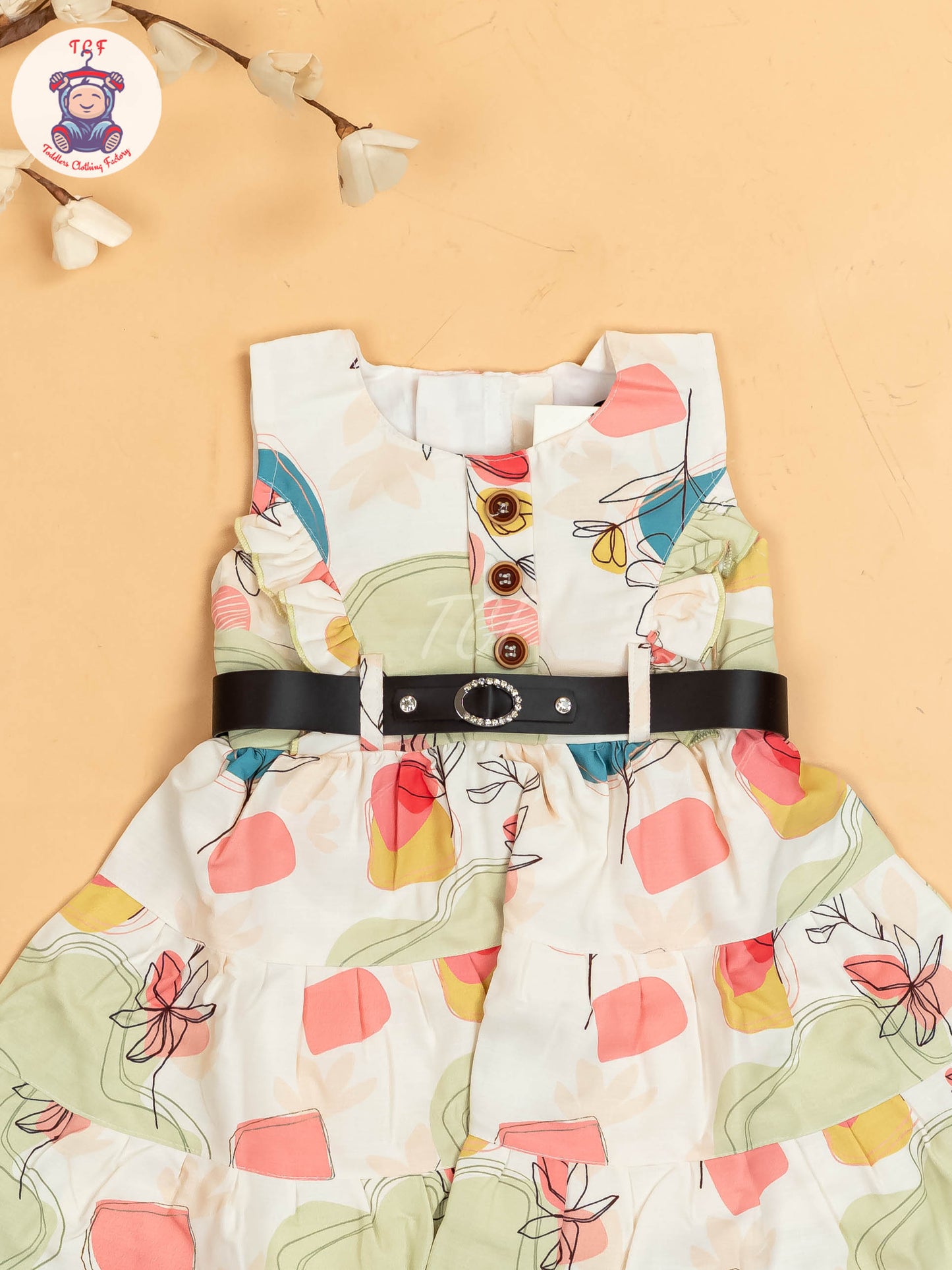 White & Green Floral Printed - Girls Readymade Cotton Frocks