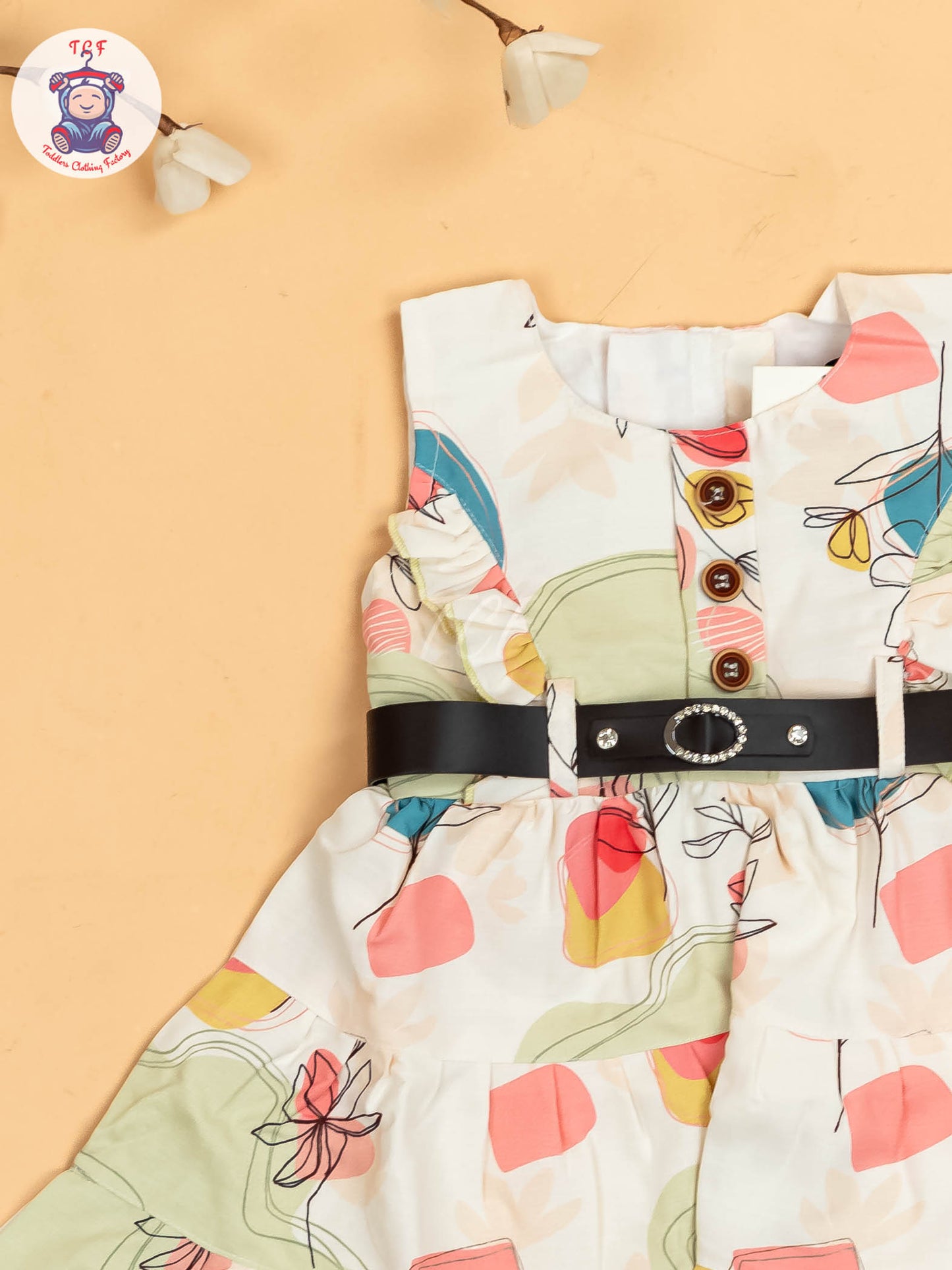 White & Green Floral Printed - Girls Readymade Cotton Frocks