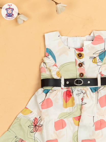 White & Green Floral Printed - Girls Readymade Cotton Frocks