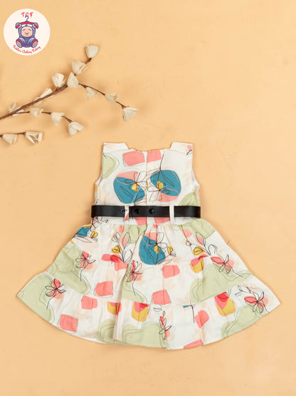 White & Green Floral Printed - Girls Readymade Cotton Frocks