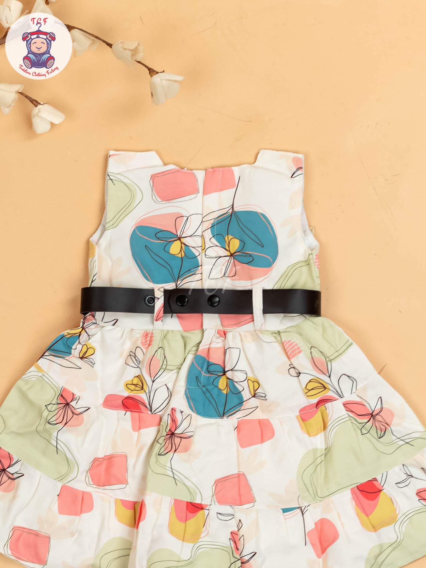 White & Green Floral Printed - Girls Readymade Cotton Frocks