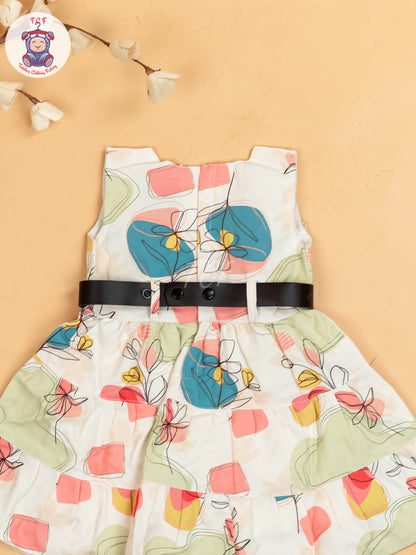 White & Green Floral Printed - Girls Readymade Cotton Frocks
