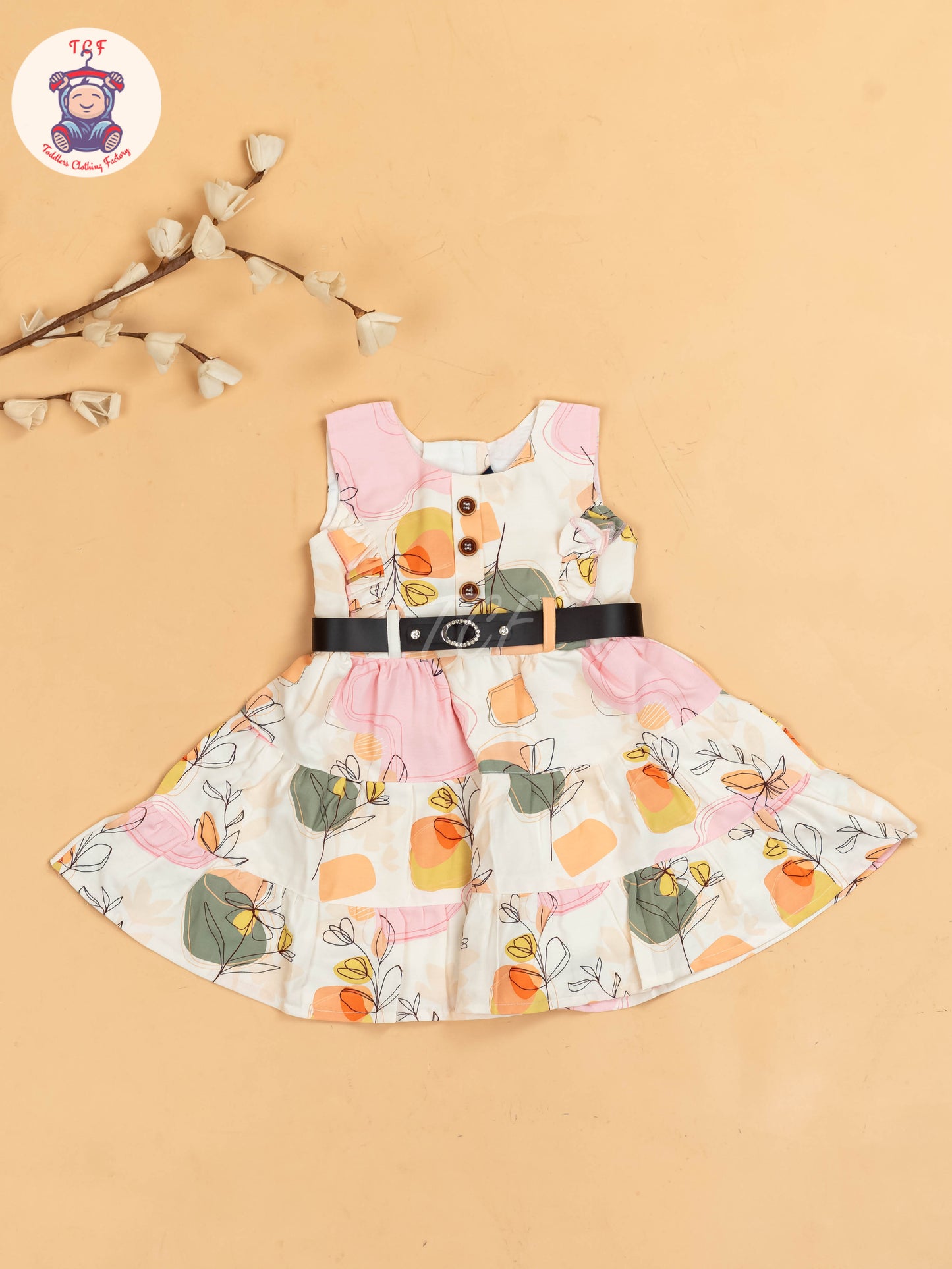 White & Pink Floral Printed - Girls Readymade Cotton Frocks