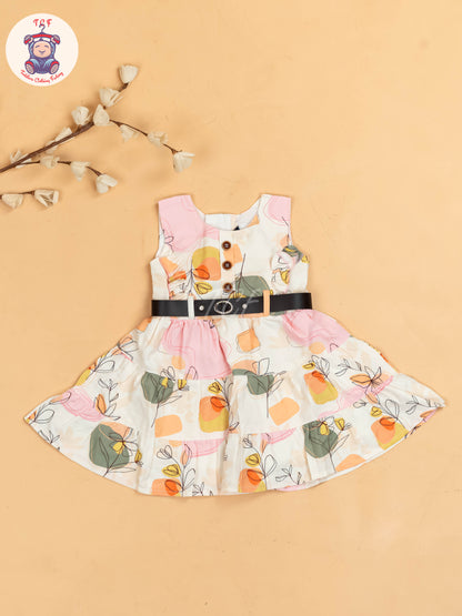 White & Pink Floral Printed - Girls Readymade Cotton Frocks