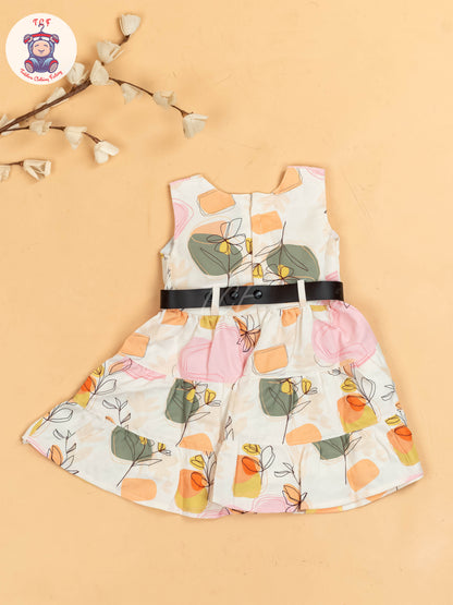 White & Pink Floral Printed - Girls Readymade Cotton Frocks
