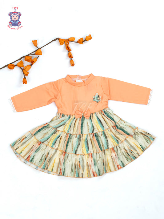 Orange Floral Printed - Girls Readymade Cotton Frocks