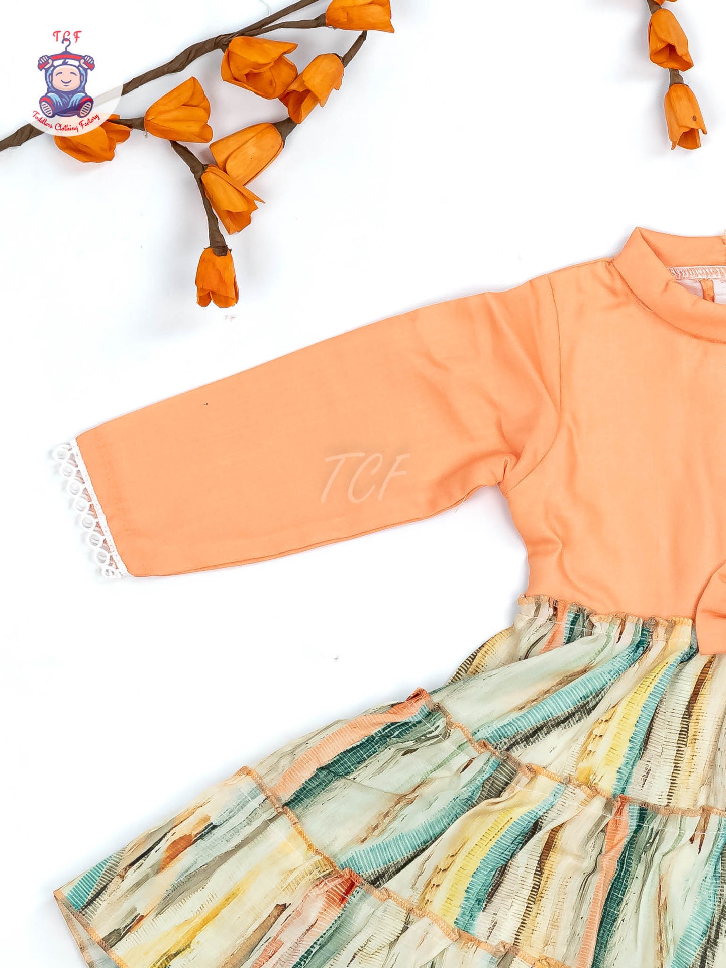 Orange Floral Printed - Girls Readymade Cotton Frocks