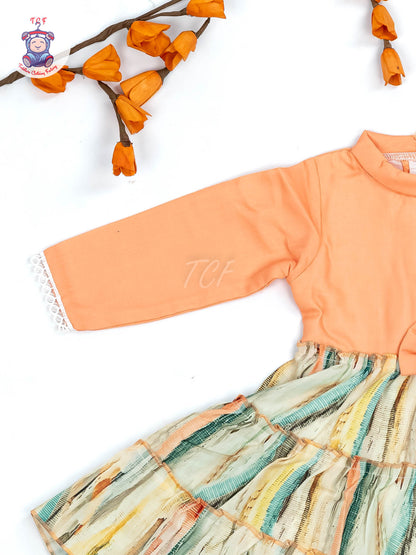 Orange Floral Printed - Girls Readymade Cotton Frocks