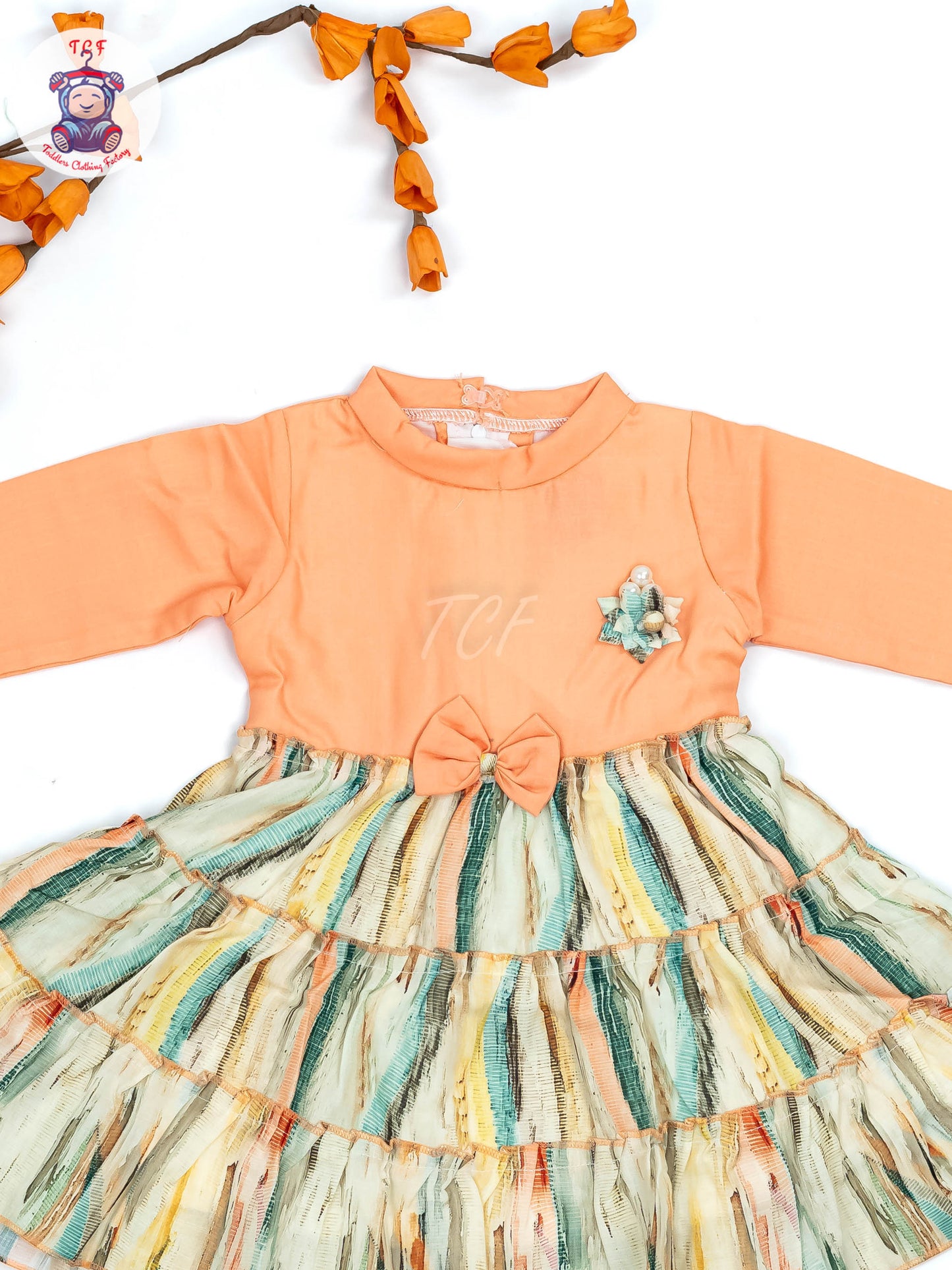Orange Floral Printed - Girls Readymade Cotton Frocks