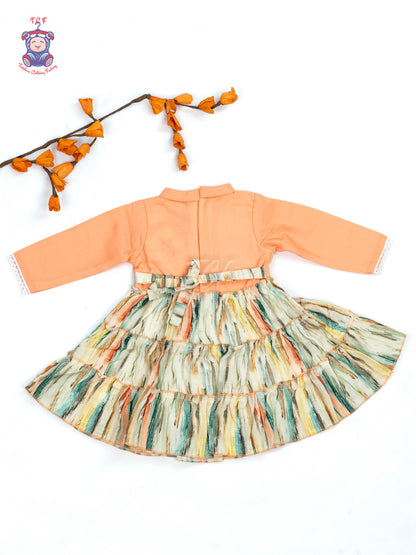 Orange Floral Printed - Girls Readymade Cotton Frocks