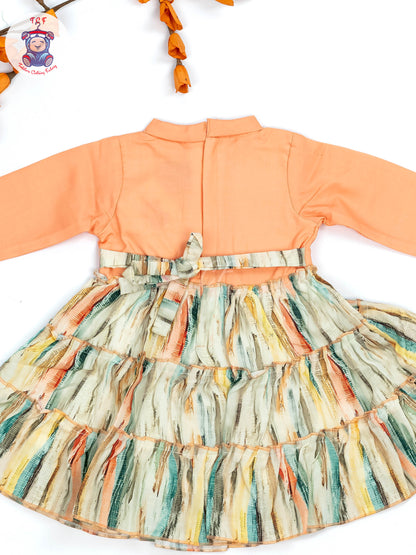 Orange Floral Printed - Girls Readymade Cotton Frocks