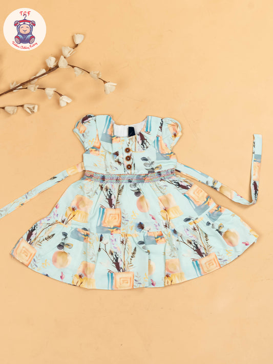 Blue Floral Printed - Girls Readymade Cotton Frocks