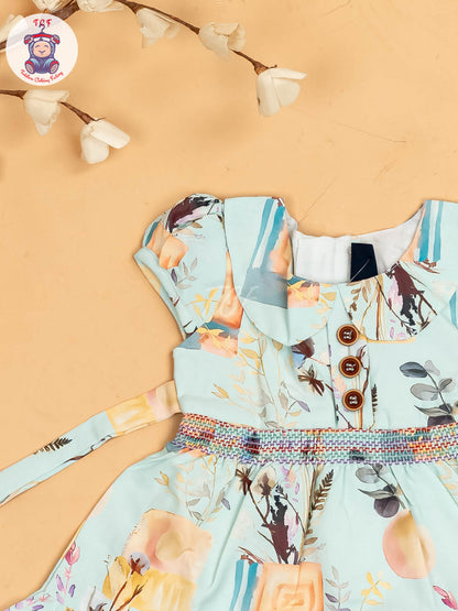 Blue Floral Printed - Girls Readymade Cotton Frocks