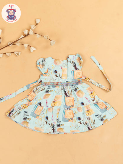 Blue Floral Printed - Girls Readymade Cotton Frocks