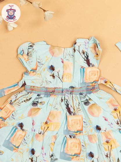 Blue Floral Printed - Girls Readymade Cotton Frocks