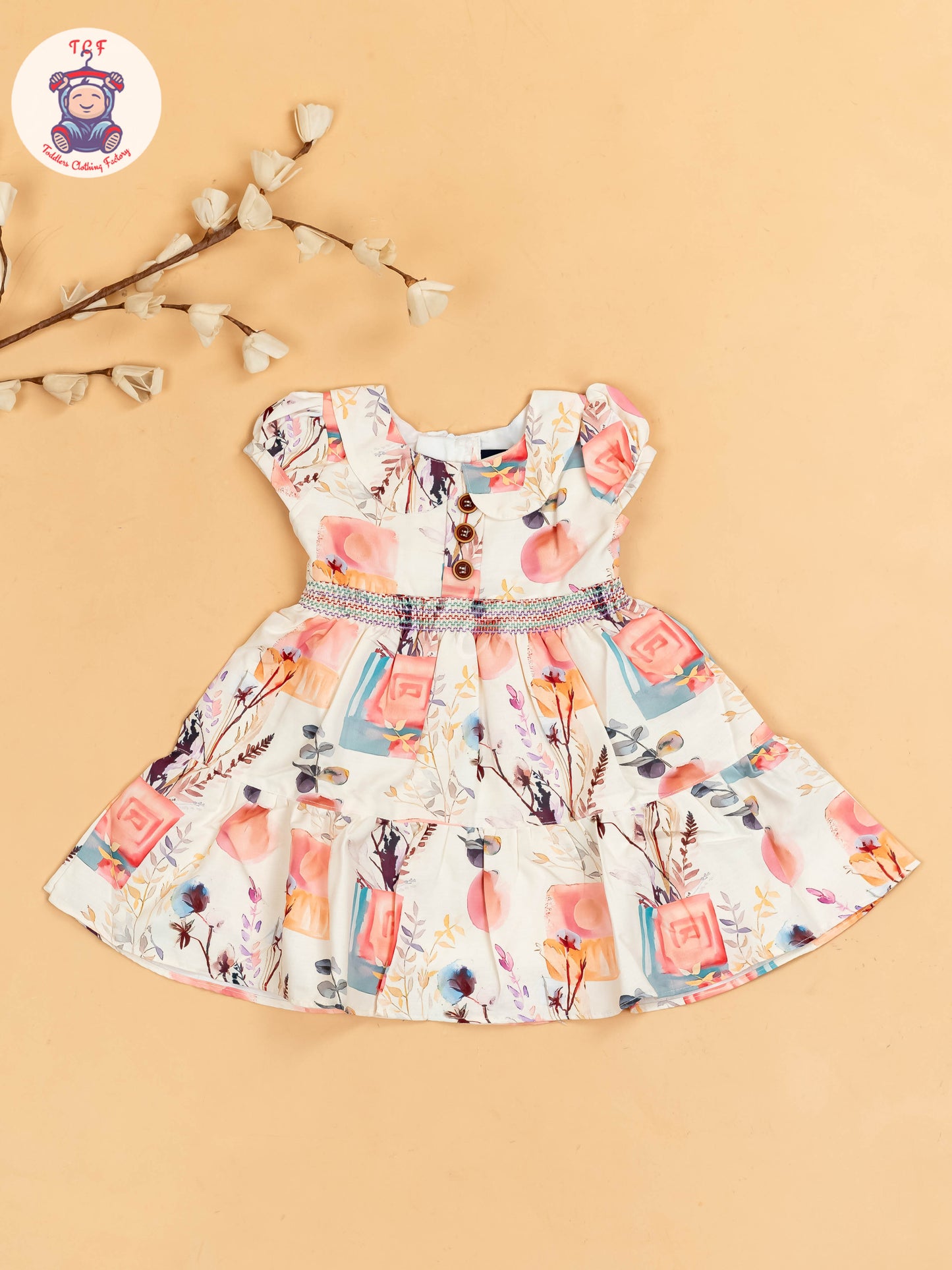 Cream & Pink Floral Printed - Girls Readymade Cotton Frocks