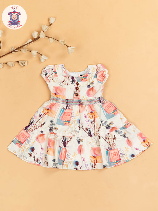 Cream & Pink Floral Printed - Girls Readymade Cotton Frocks