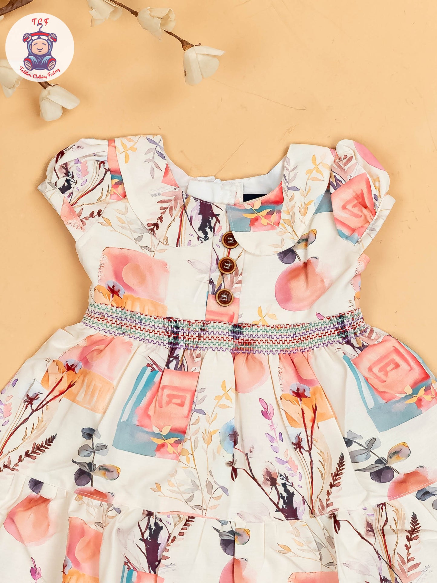 Cream & Pink Floral Printed - Girls Readymade Cotton Frocks