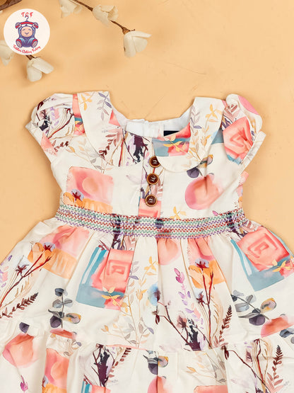 Cream & Pink Floral Printed - Girls Readymade Cotton Frocks