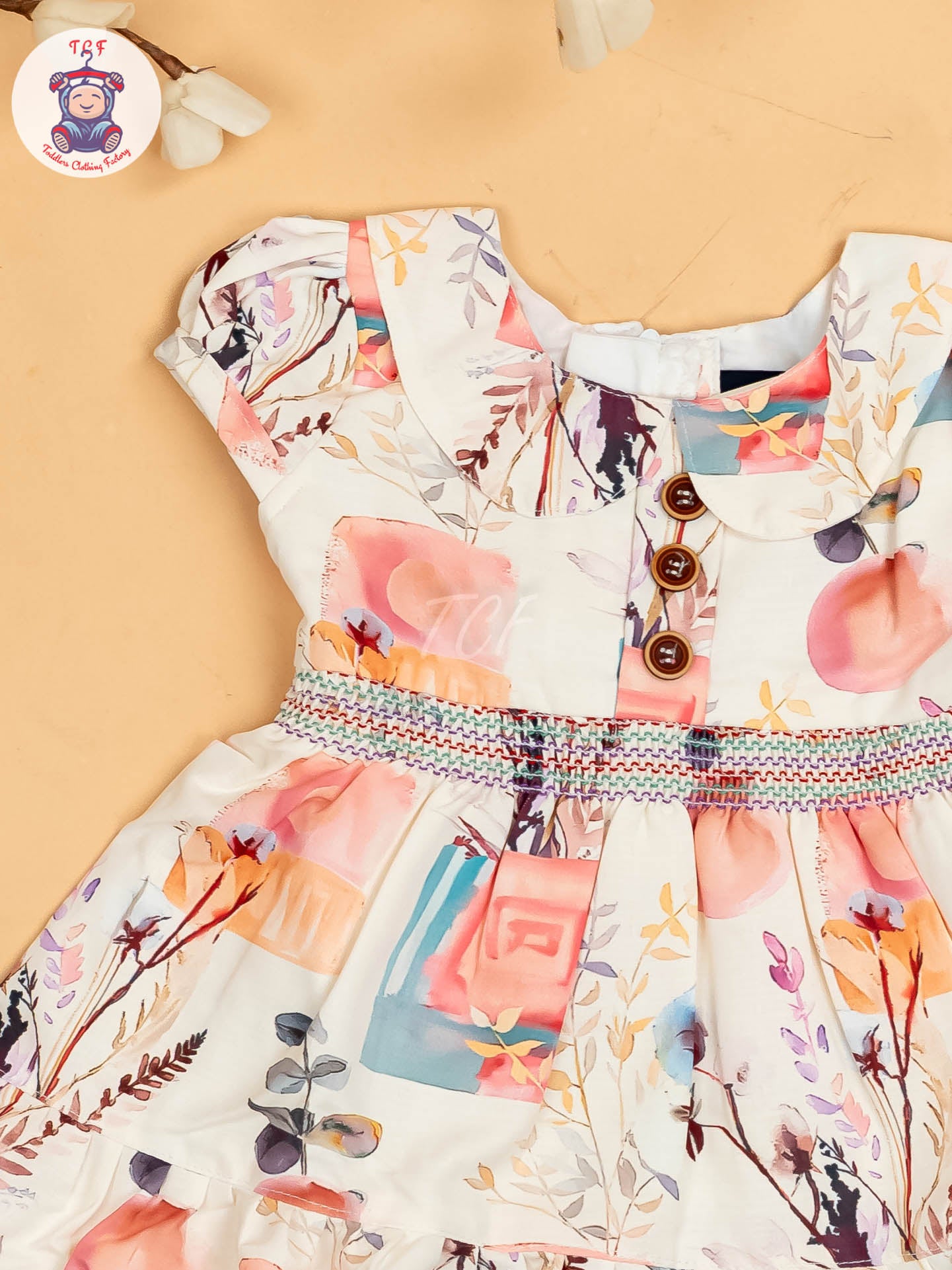 Cream & Pink Floral Printed - Girls Readymade Cotton Frocks