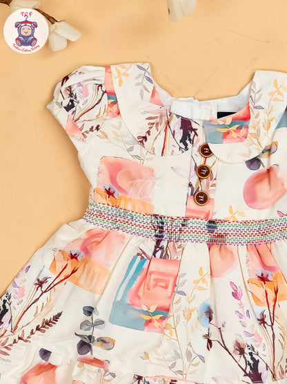 Cream & Pink Floral Printed - Girls Readymade Cotton Frocks