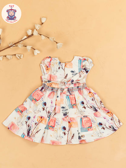 Cream & Pink Floral Printed - Girls Readymade Cotton Frocks