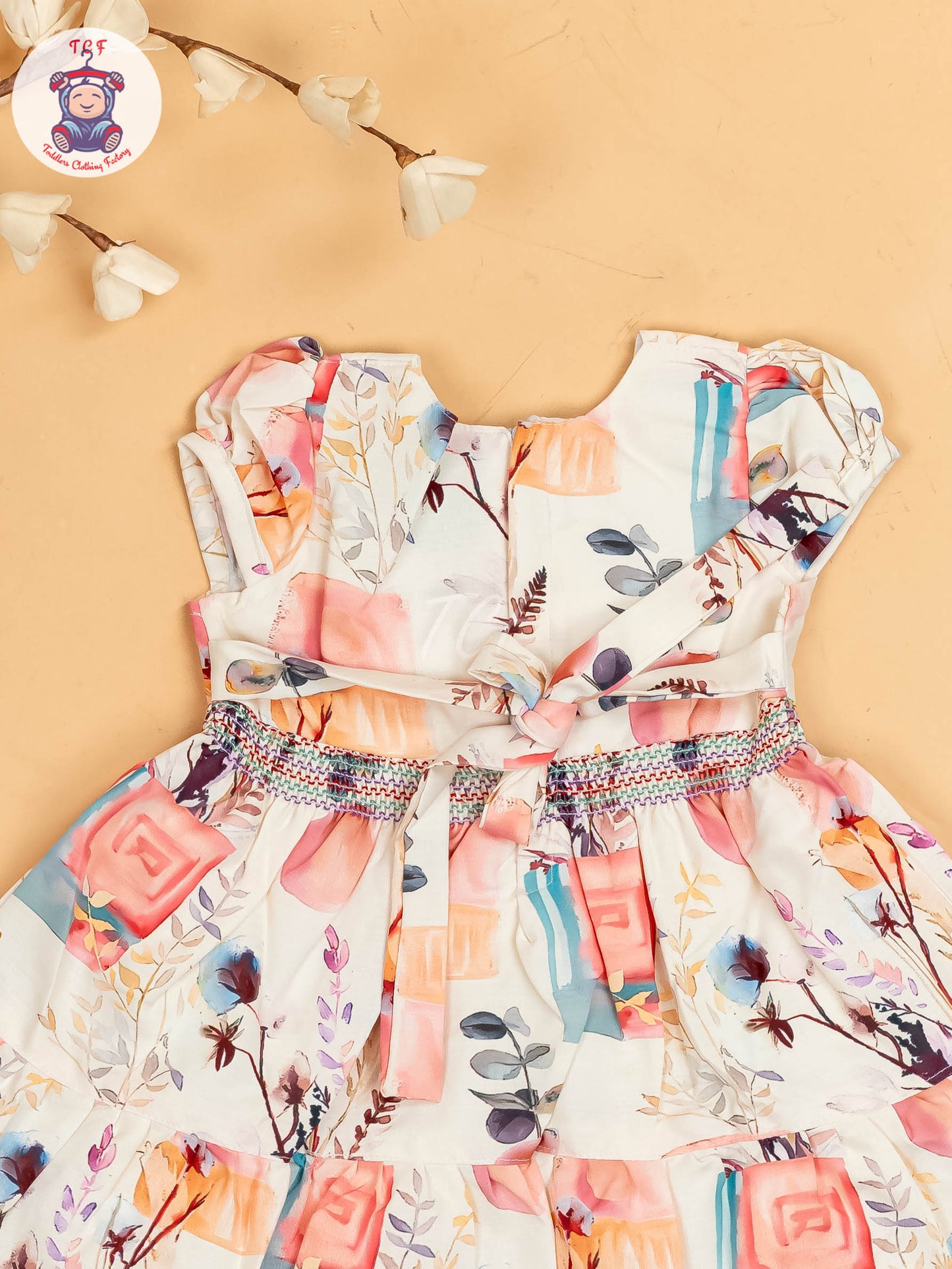 Cream & Pink Floral Printed - Girls Readymade Cotton Frocks