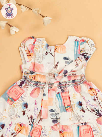 Cream & Pink Floral Printed - Girls Readymade Cotton Frocks