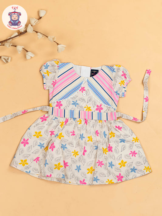 Pink & White  Floral Printed - Girls Readymade Cotton Frocks