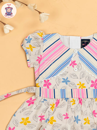 Pink & White  Floral Printed - Girls Readymade Cotton Frocks
