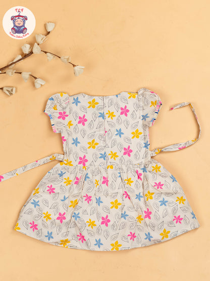 Pink & White  Floral Printed - Girls Readymade Cotton Frocks