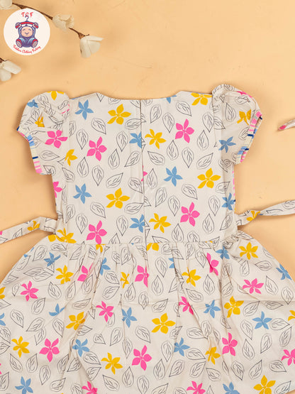 Pink & White  Floral Printed - Girls Readymade Cotton Frocks