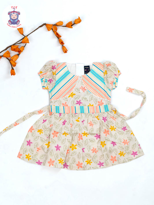 Green & Orange  Floral Printed - Girls Readymade Cotton Frocks