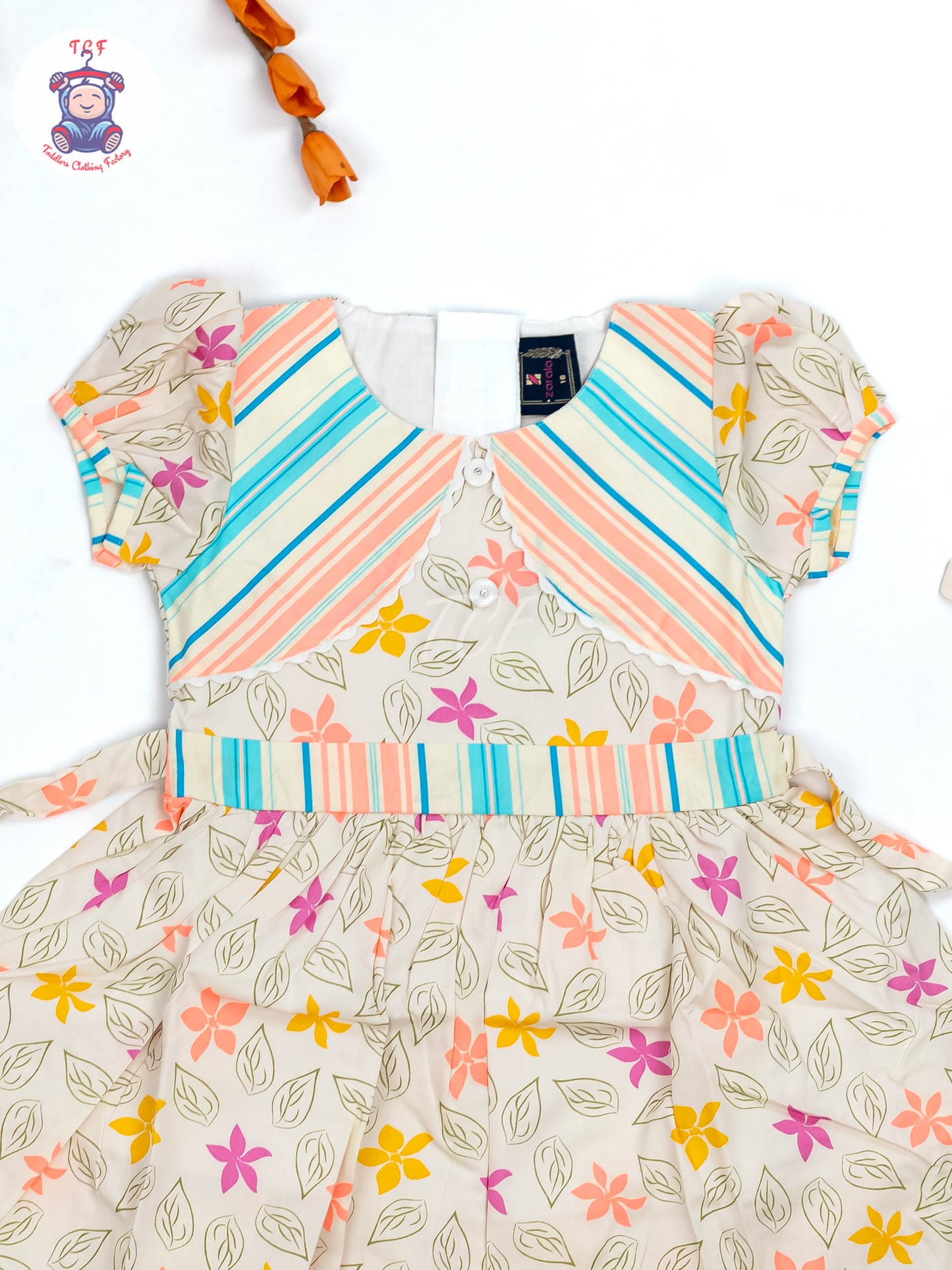 Green & Orange  Floral Printed - Girls Readymade Cotton Frocks