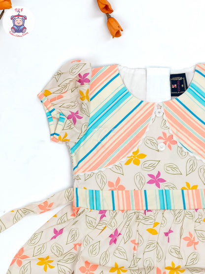 Green & Orange  Floral Printed - Girls Readymade Cotton Frocks