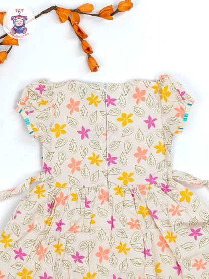 Green & Orange  Floral Printed - Girls Readymade Cotton Frocks