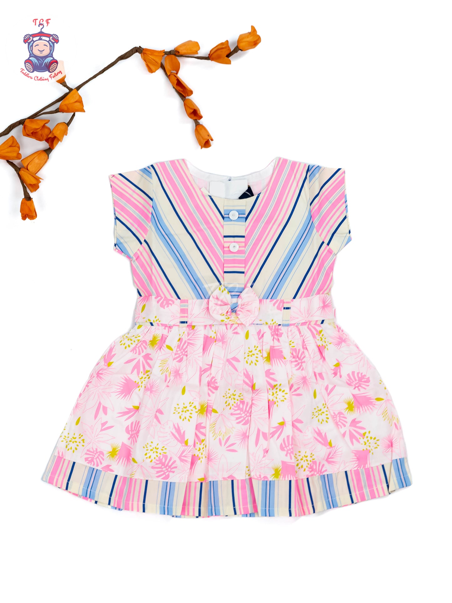 Pink & White  Floral Printed - Girls Readymade Cotton Frocks
