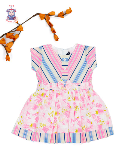 Pink & White  Floral Printed - Girls Readymade Cotton Frocks