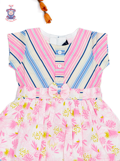 Pink & White  Floral Printed - Girls Readymade Cotton Frocks
