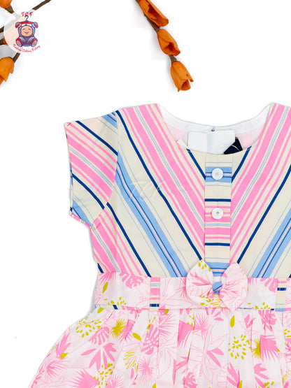 Pink & White  Floral Printed - Girls Readymade Cotton Frocks