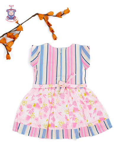Pink & White  Floral Printed - Girls Readymade Cotton Frocks