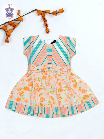Green & Orange Floral Printed - Girls Readymade Cotton Frocks