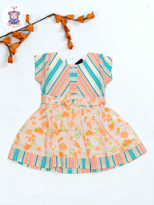 Green & Orange Floral Printed - Girls Readymade Cotton Frocks